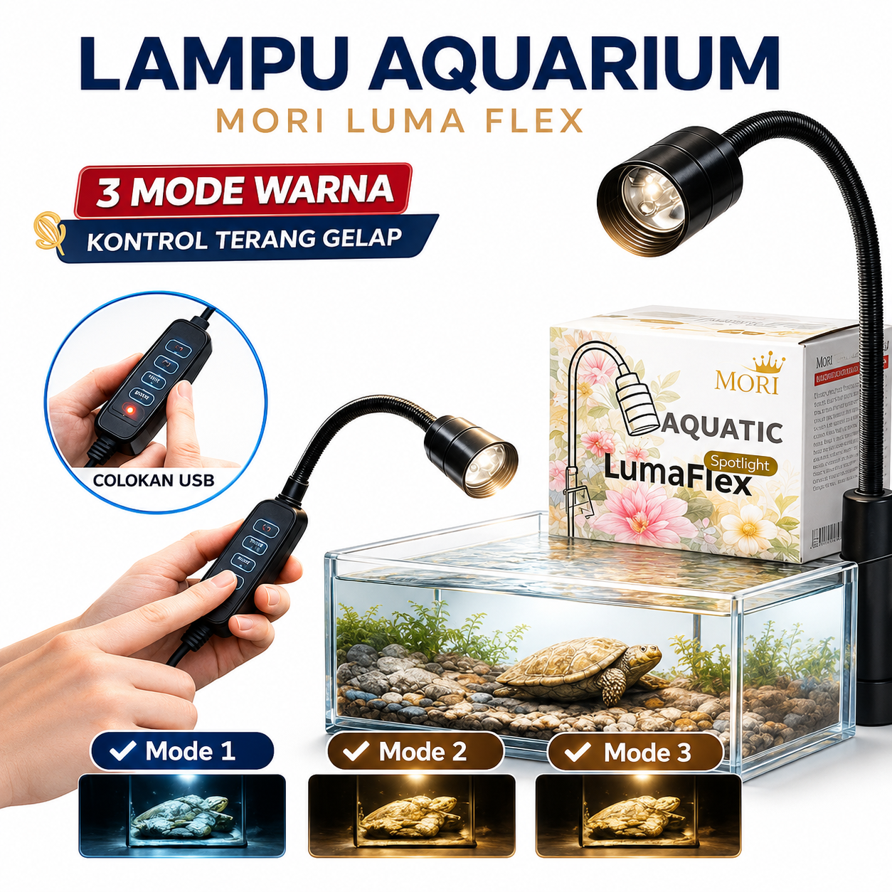 MORI Lampu Sorot Aquarium Luma Flex 3 Mode Warna Kontrol Terang Gelap USB Colokan LED Spotlight Aquatic