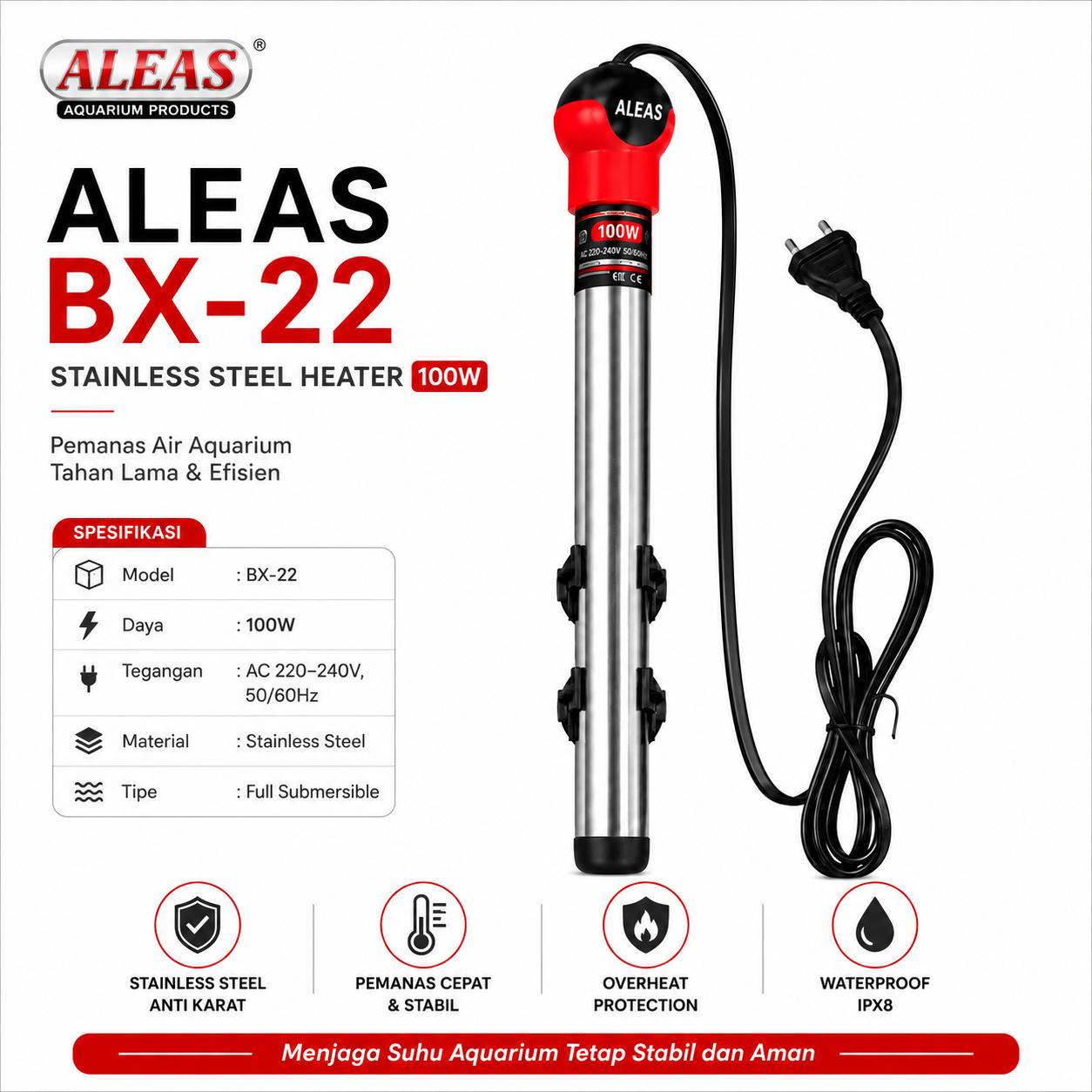 ALEAS Heater Aquarium BX-22 50W DAN 100W - Pemanas Air Stainless Steel