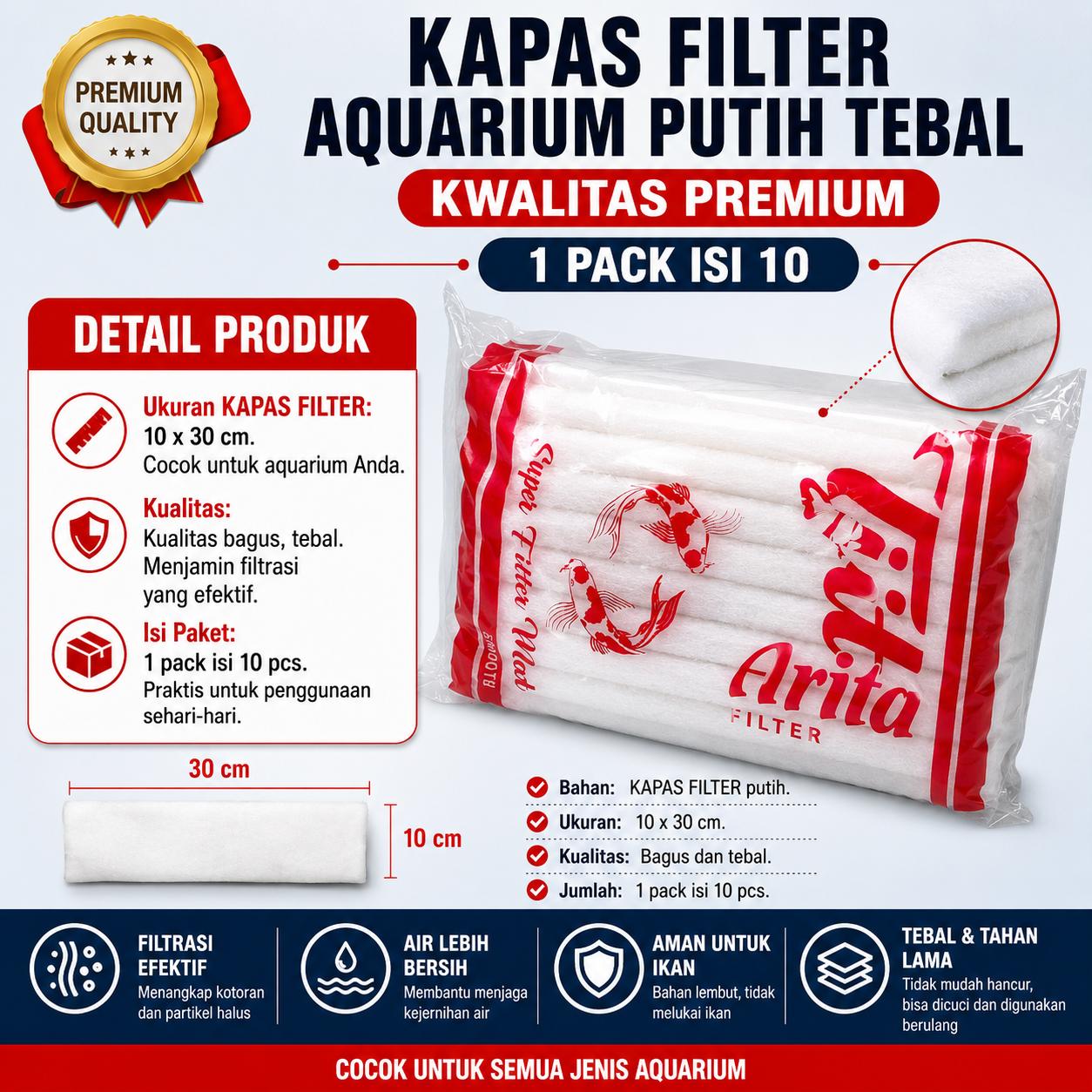 KAPAS FILTER AQUARIUM PUTIH TEBAL KWALITAS PREMIUM 1 PACK ISI 10 Ukuran 10 x 30 cm
