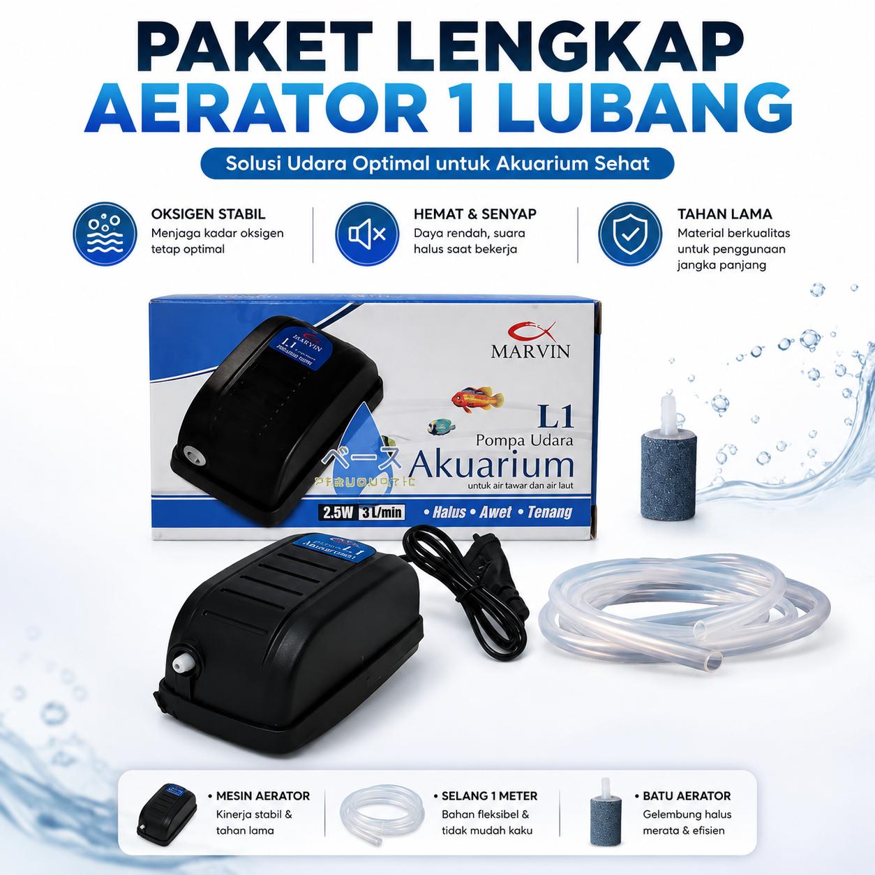 Paket Lengkap Aerator 1 Lubang Mesin Udara 3.5 L/H 3WATT Bonus Batu & Selang 1M Puso Original 100% pompaudara
