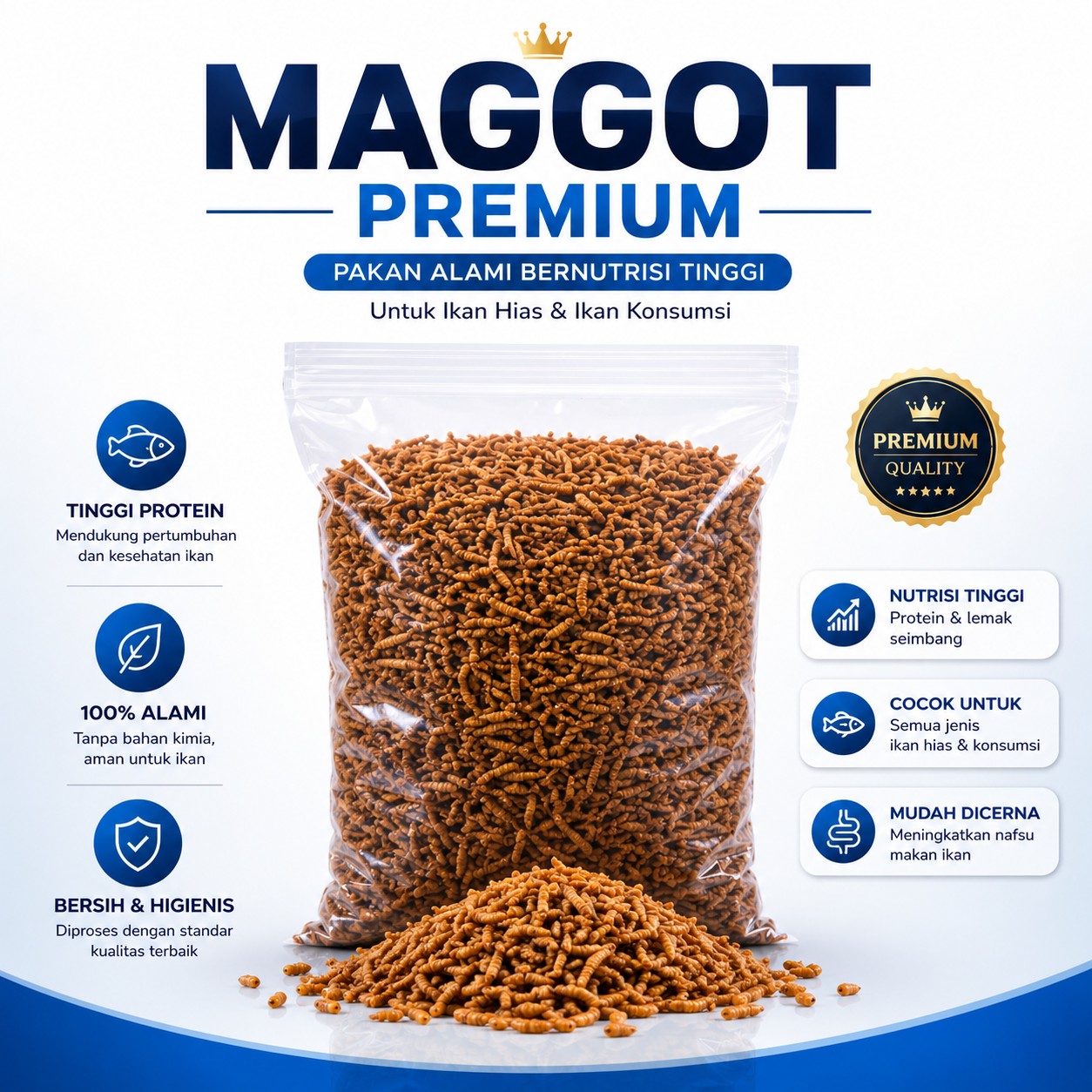 Maggot Premium Kering Dry Maggot Tidak Berminyak Pakan Koi Arwana Chana Lohan